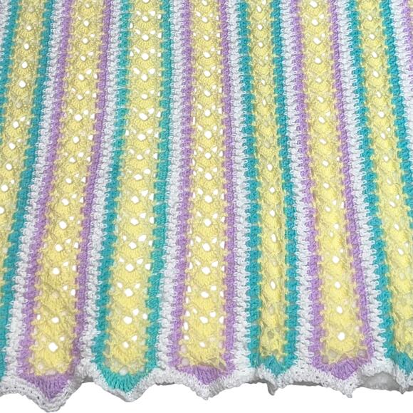 (NEW) Hand Knit Crochet Throw Blanket Afghan Striped Yellow/Multi 65”x48” - Picture 2 of 2